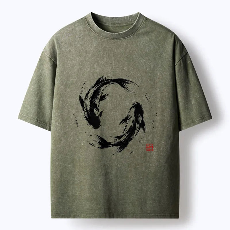 Kyoto-Lion Ink Koi Fish Circle Washed T-Shirt