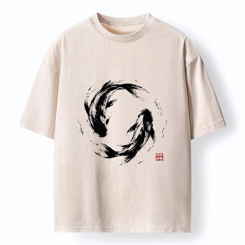 Kyoto-Lion Ink Koi Fish Circle Washed T-Shirt