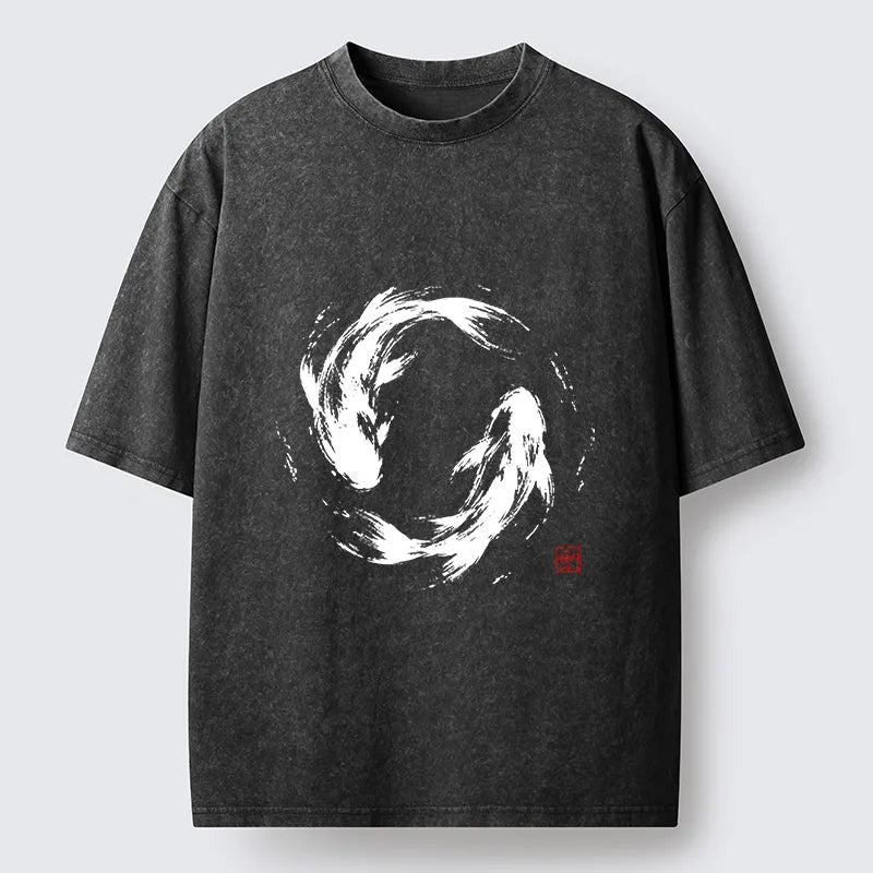 Kyoto-Lion Ink Koi Fish Circle Washed T-Shirt