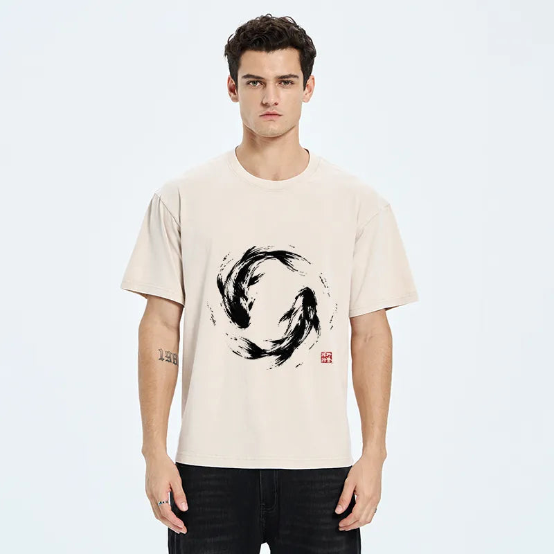Kyoto-Lion Ink Koi Fish Circle Washed T-Shirt