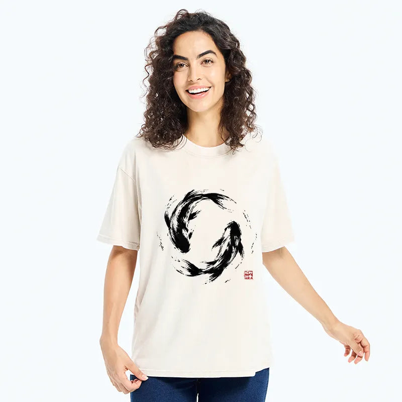 Kyoto-Lion Ink Koi Fish Circle Washed T-Shirt