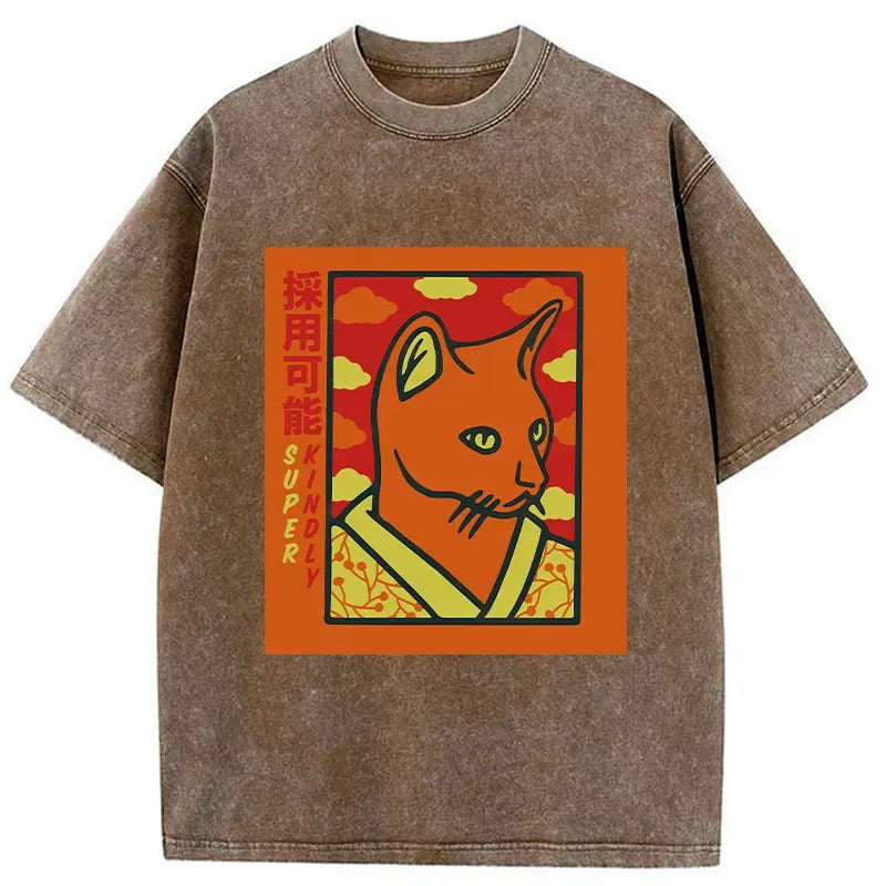 Japanese Cat Washed T-Shirt for Men