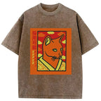 Japanese Cat Washed T-Shirt for Men