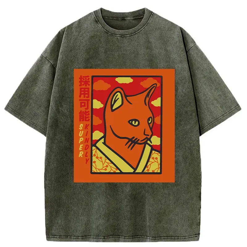 Japanese Cat Washed T-Shirt for Men
