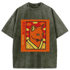 Japanese Cat Washed T-Shirt for Men