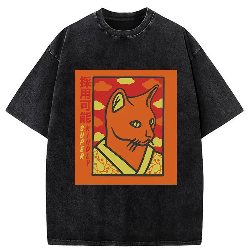 Japanese Cat Washed T-Shirt for Men