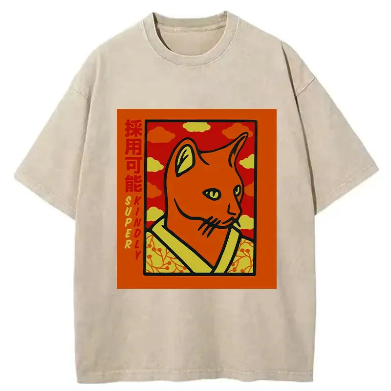 Japanese Cat Washed T-Shirt for Men