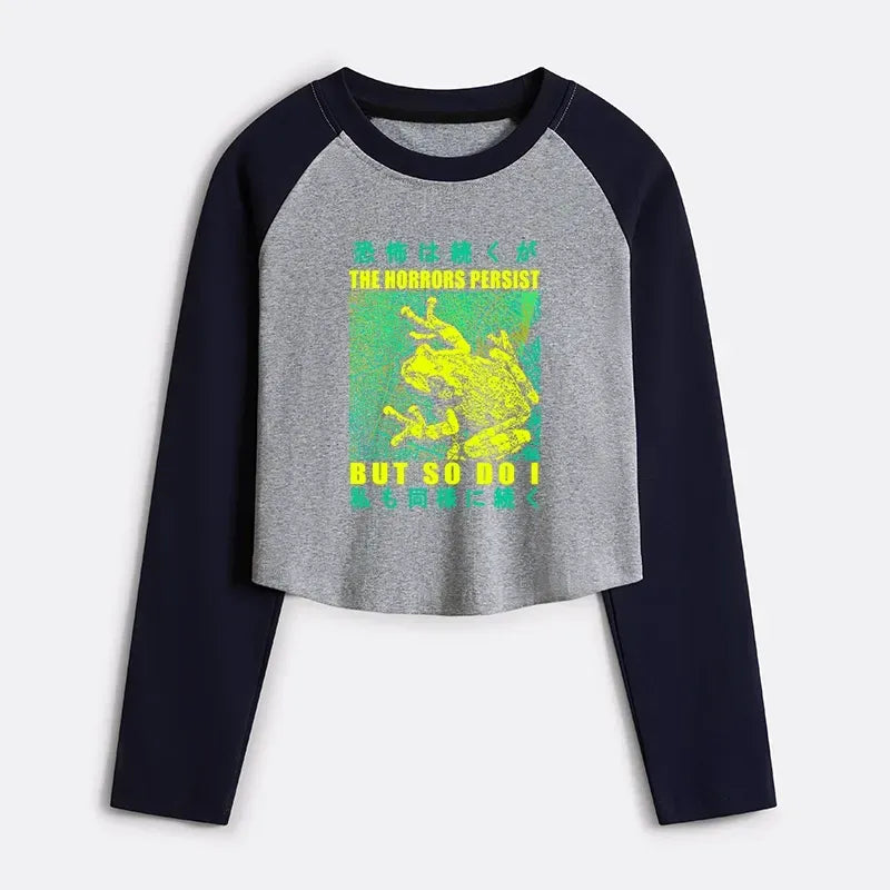 Kyoto-Lion The Horrors Persist Frog Women's Crop Raglan T-Shirt