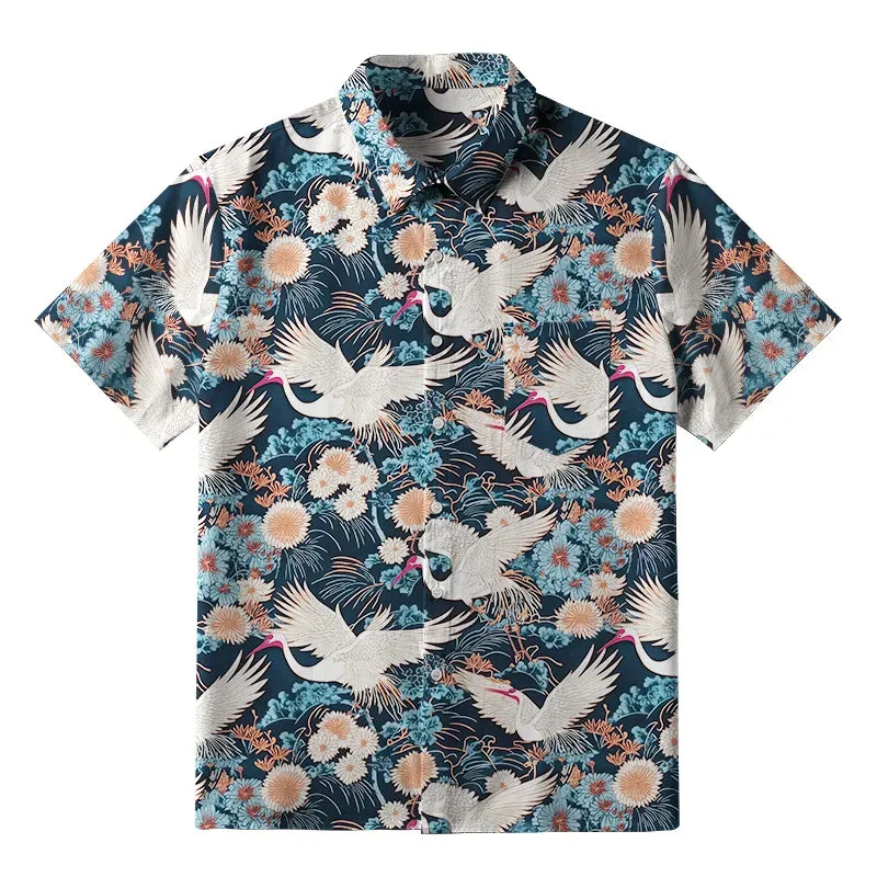 Kyoto-Lion Cranes And Chrysanthemums Button-up Shirt