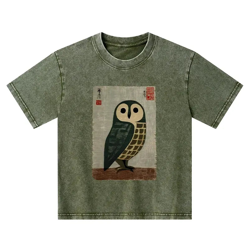 Kyoto-Lion Traditional Owl In Japanese Art Kids Washed T-Shirt