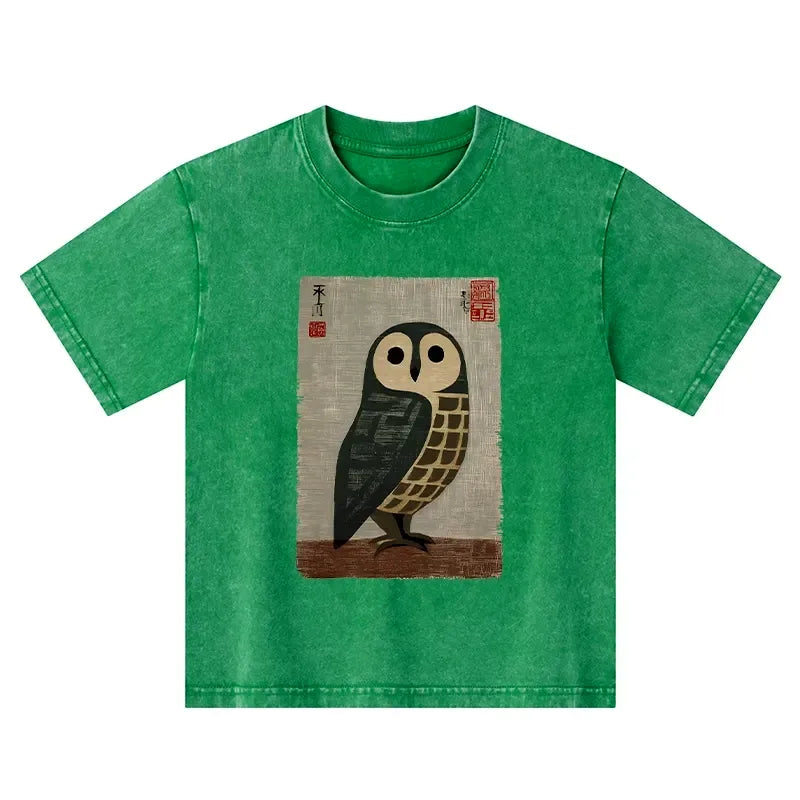 Kyoto-Lion Traditional Owl In Japanese Art Kids Washed T-Shirt