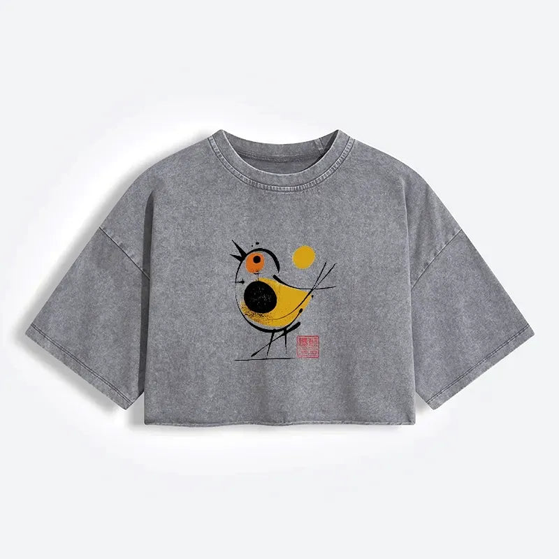 Kyoto-Lion Aesthetic Yellow And Black Bird Women's Washed Crop T-Shirt