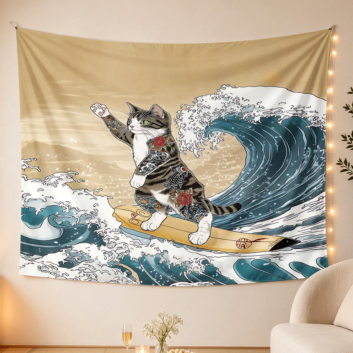 Kyoto-Lion Cat Surfing Tapestry