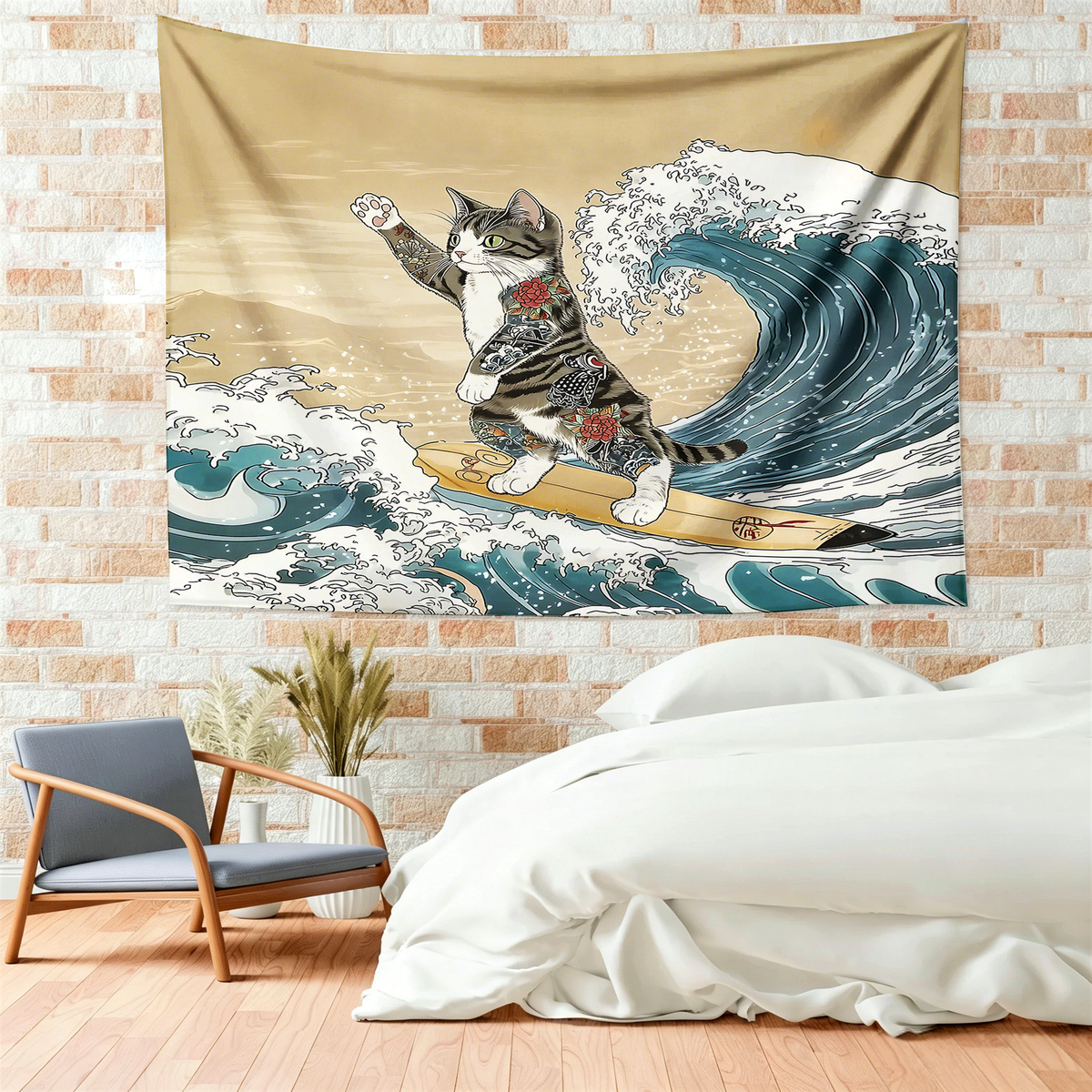 Kyoto-Lion Cat Surfing Tapestry