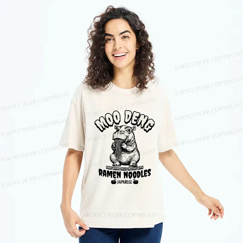 Kyoto-Lion Moo Deng Eating Ramen Funny Washed T-Shirt