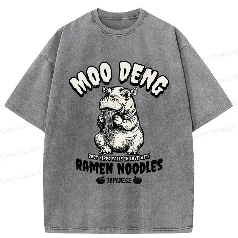 Kyoto-Lion Moo Deng Eating Ramen Funny Washed T-Shirt