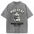 Kyoto-Lion Moo Deng Eating Ramen Funny Washed T-Shirt