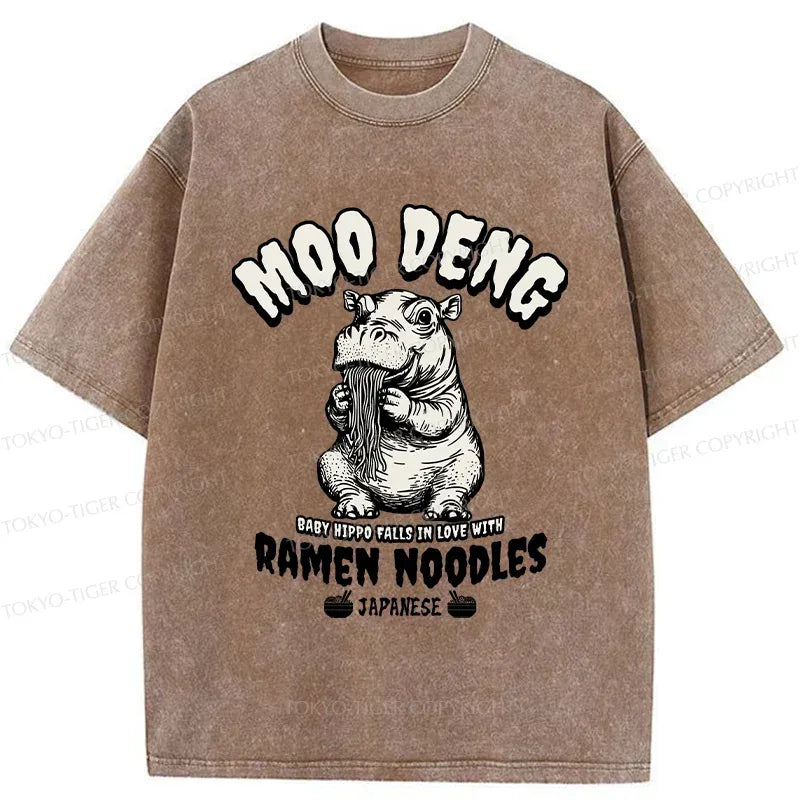 Kyoto-Lion Moo Deng Eating Ramen Funny Washed T-Shirt