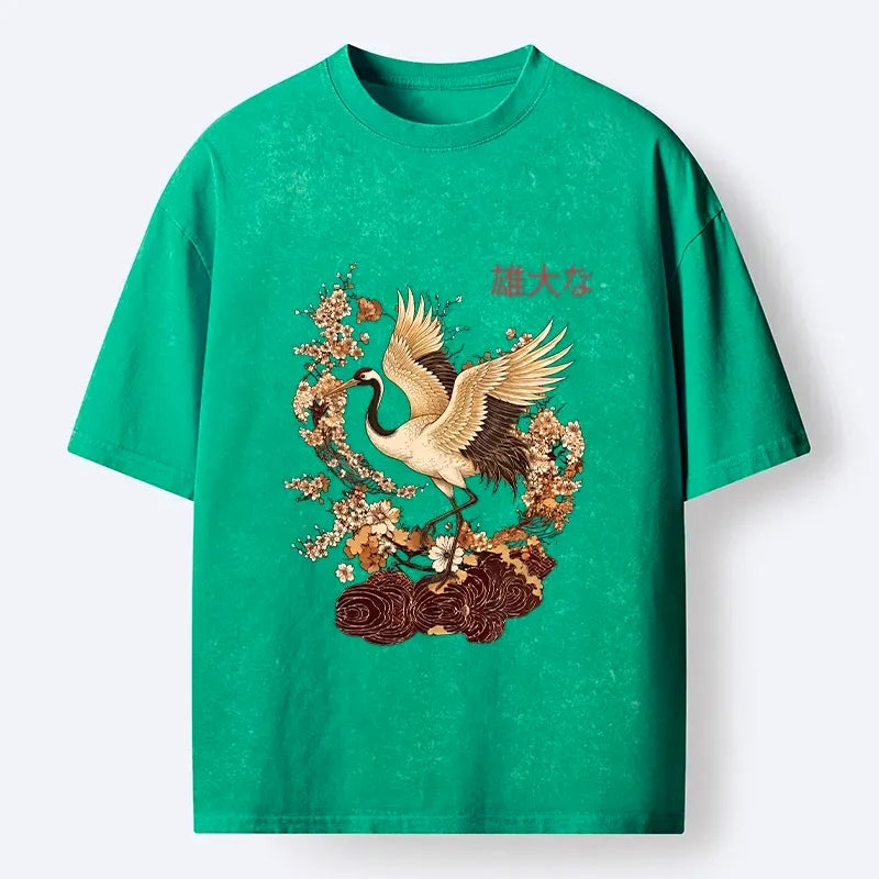 Kyoto-Lion Elegant Red Crowned Crane Sakura Washed T-Shirt