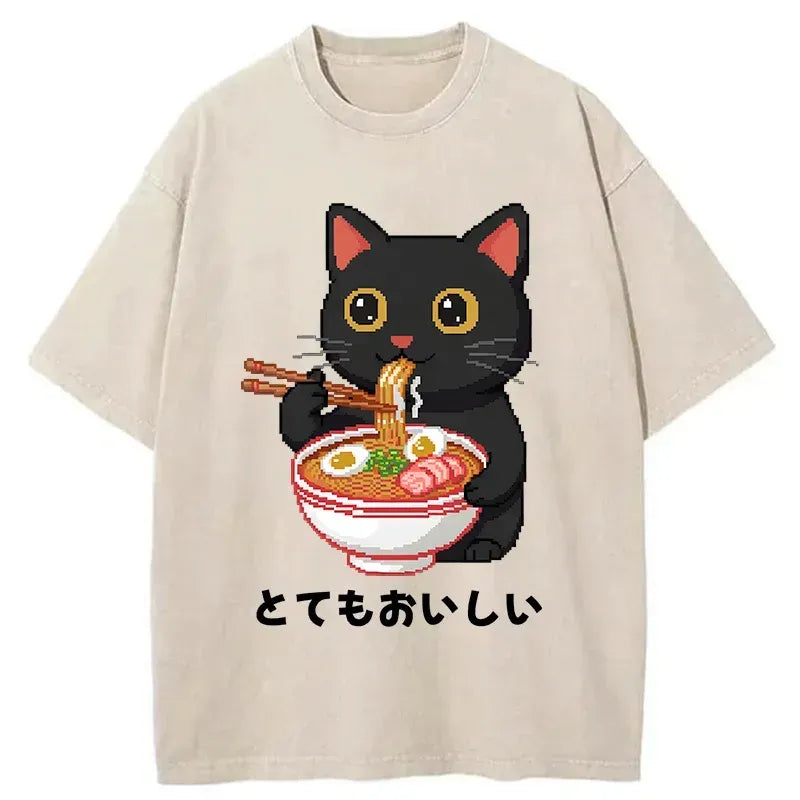 Japanese pixel art cat t-shirt for daily wear