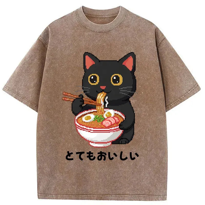 Kyoto-Lion Black Cat Eats Ramen Pixel Art Style Washed T-Shirt