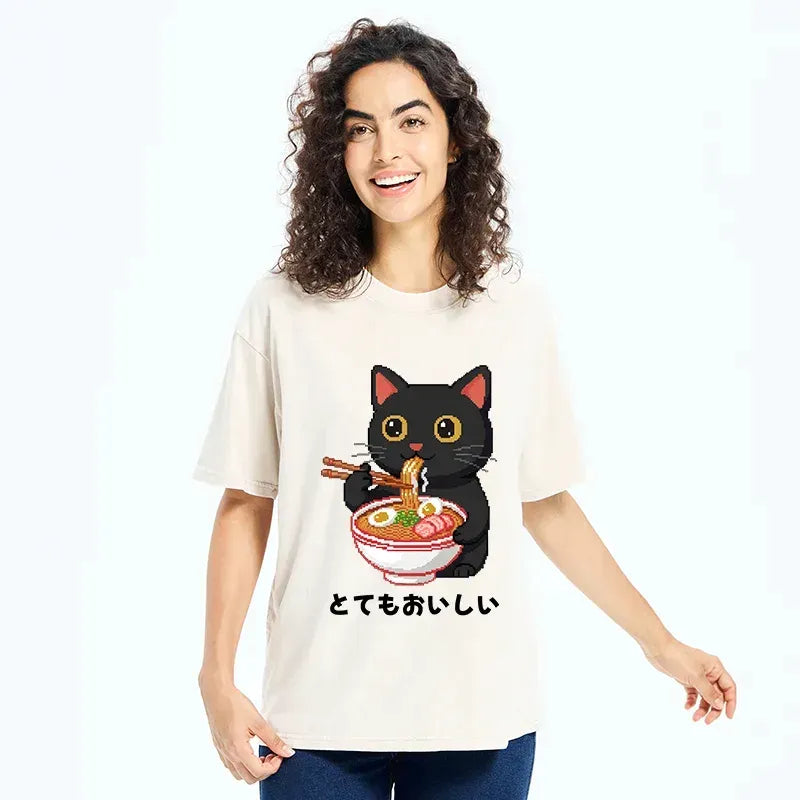 Kyoto-Lion Black Cat Eats Ramen Pixel Art Style Washed T-Shirt