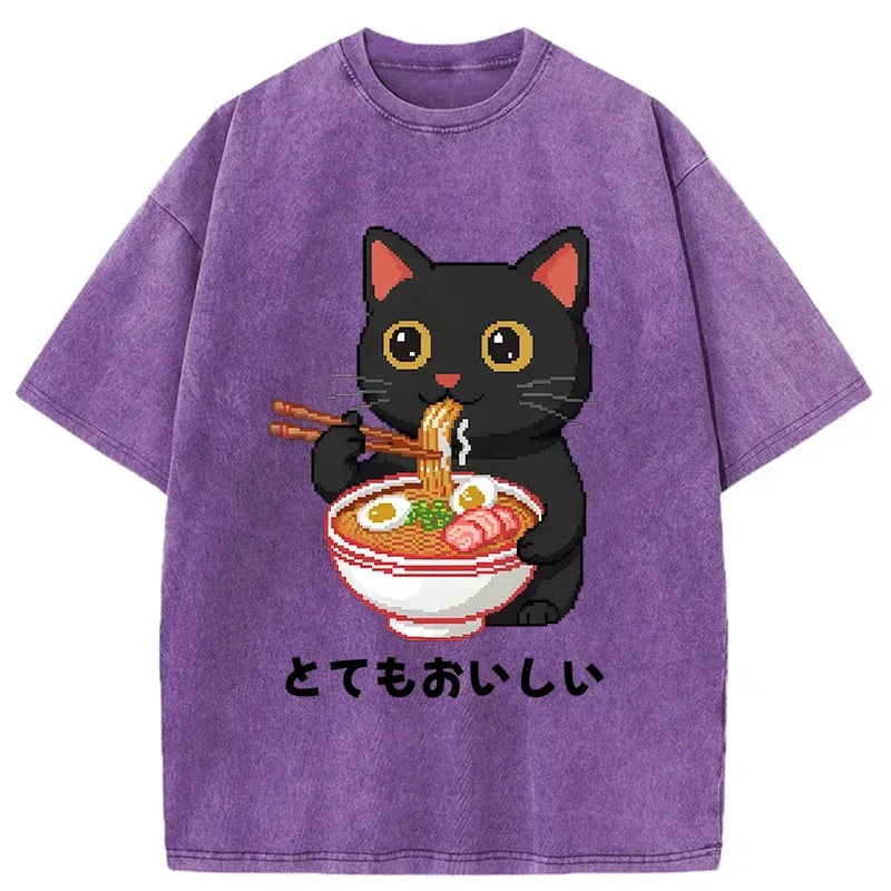 Kyoto-Lion Black Cat Eats Ramen Pixel Art Style Washed T-Shirt