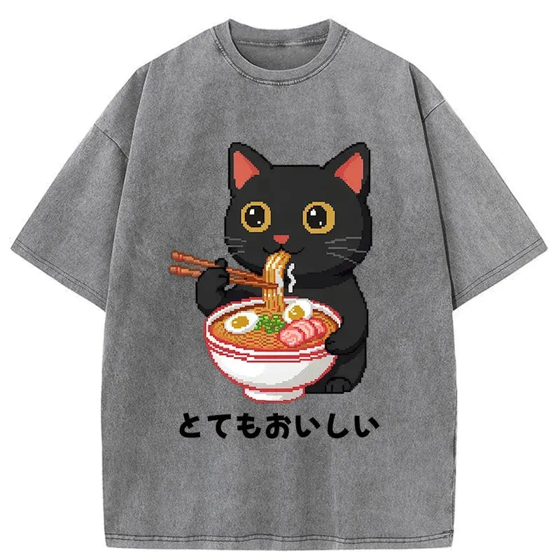 Kyoto-Lion Black Cat Eats Ramen Pixel Art Style Washed T-Shirt