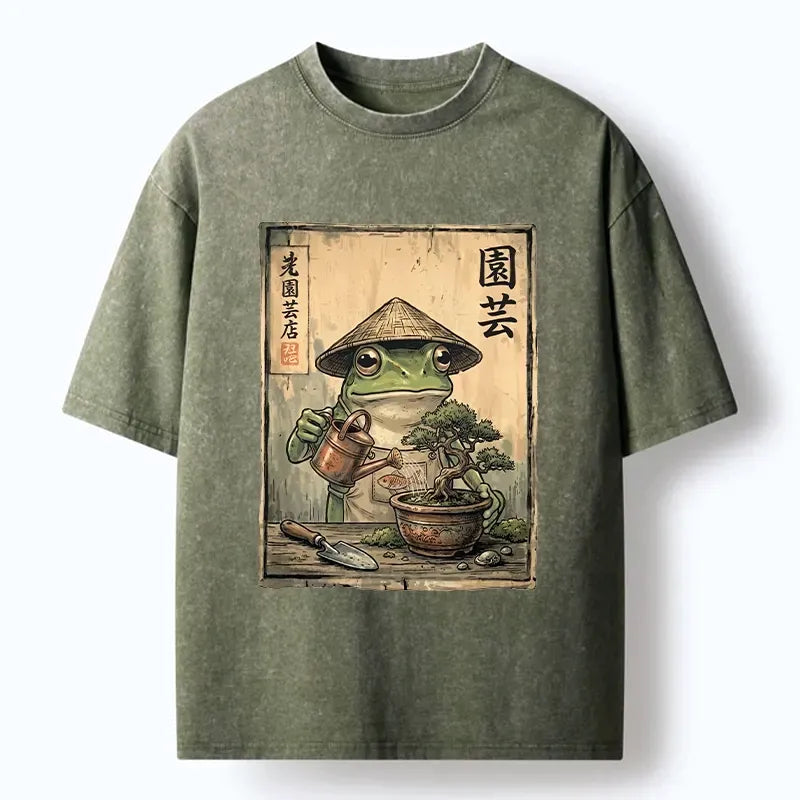 Kyoto-Lion Frog Takes Good Care Of Bonsai Washed T-Shirt