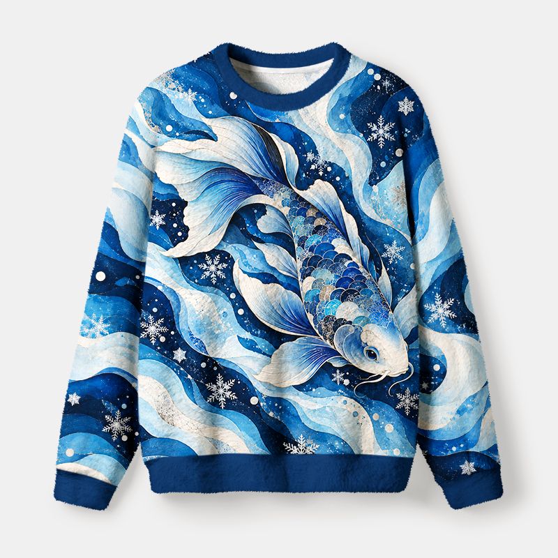 Kyoto-Lion Winter Koi Wave Art Fuzzy Christmas Ugly Sweatshirt