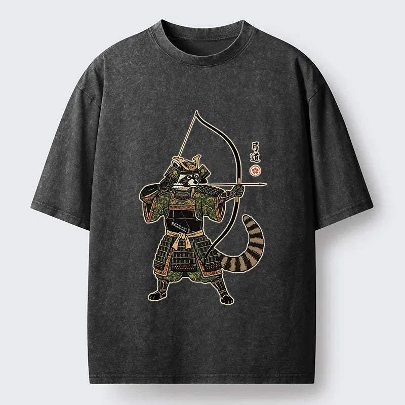 Kyoto-Lion Kyudo Raccoon Samurai Washed T-Shirt