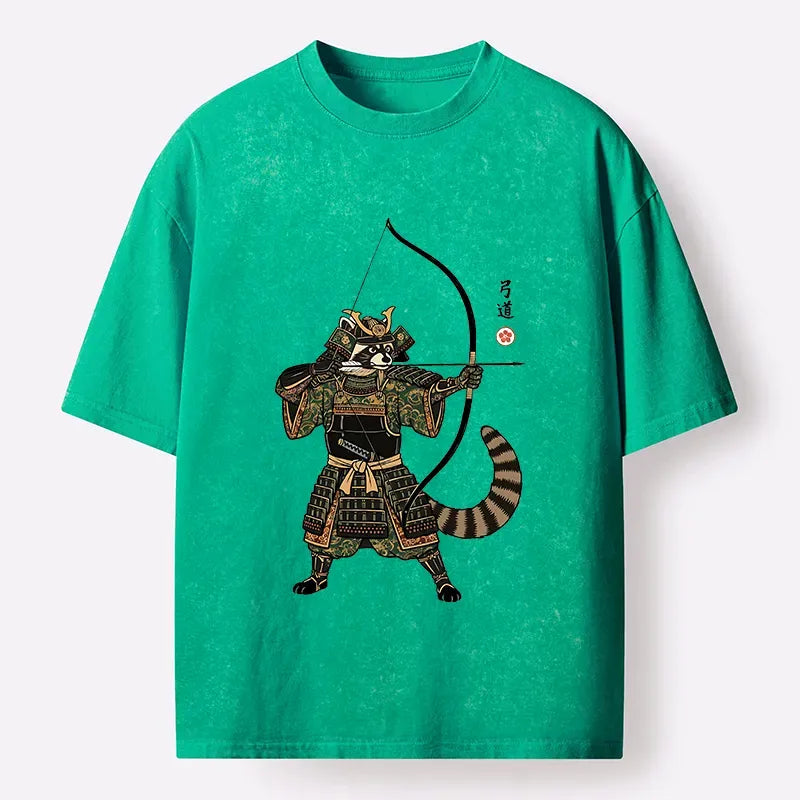 Kyoto-Lion Kyudo Raccoon Samurai Washed T-Shirt
