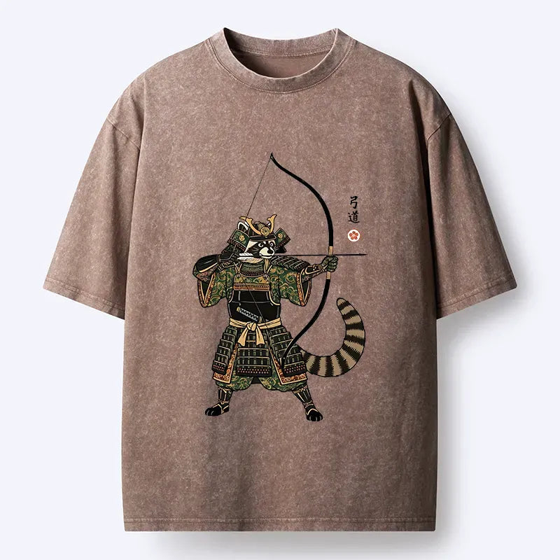 Kyoto-Lion Kyudo Raccoon Samurai Washed T-Shirt