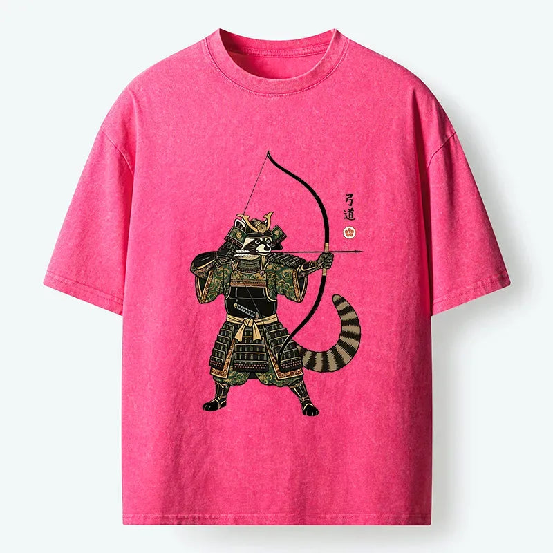 Kyoto-Lion Kyudo Raccoon Samurai Washed T-Shirt