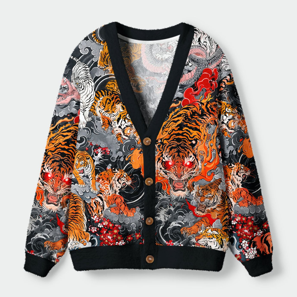 Kyoto-Lion Inferno Of Roaring Tigers Ugly Cardigan Sweater