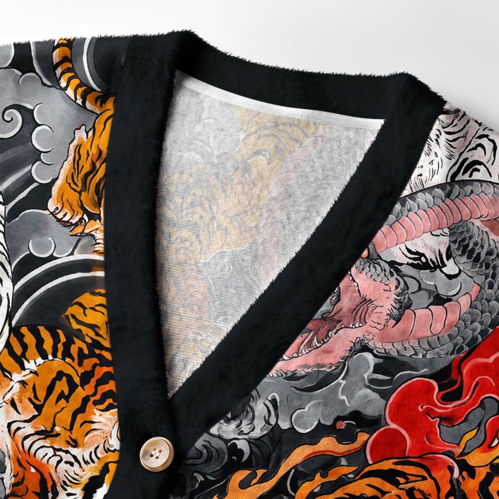 Kyoto-Lion Inferno Of Roaring Tigers Ugly Cardigan Sweater
