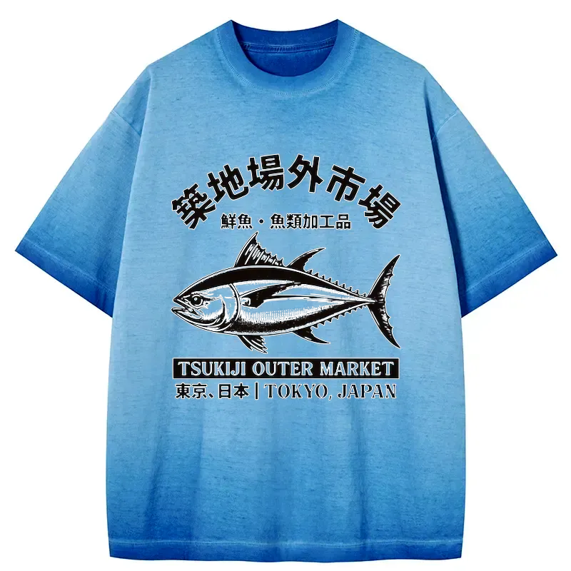 Kyoto-Lion Tokyo Japan Tsukiji Fish Market Gradient Washed T-Shirt