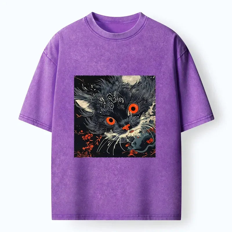 Kyoto-Lion Soft Fluffy Black Cat Vintage Oriental Print Washed T-Shirt