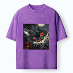 Kyoto-Lion Soft Fluffy Black Cat Vintage Oriental Print Washed T-Shirt