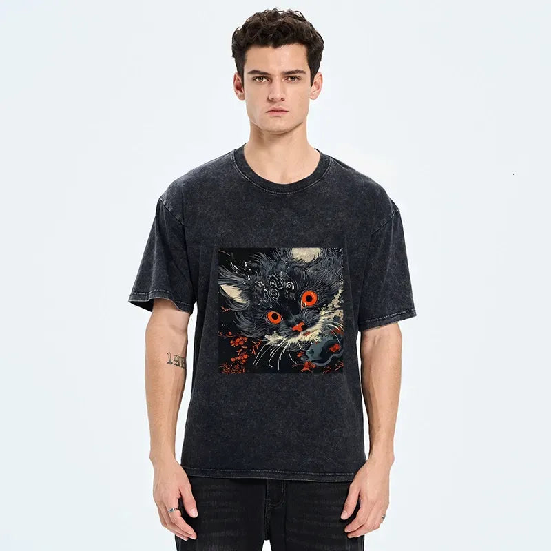 Kyoto-Lion Soft Fluffy Black Cat Vintage Oriental Print Washed T-Shirt