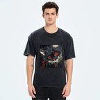 Kyoto-Lion Soft Fluffy Black Cat Vintage Oriental Print Washed T-Shirt
