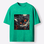 Kyoto-Lion Soft Fluffy Black Cat Vintage Oriental Print Washed T-Shirt