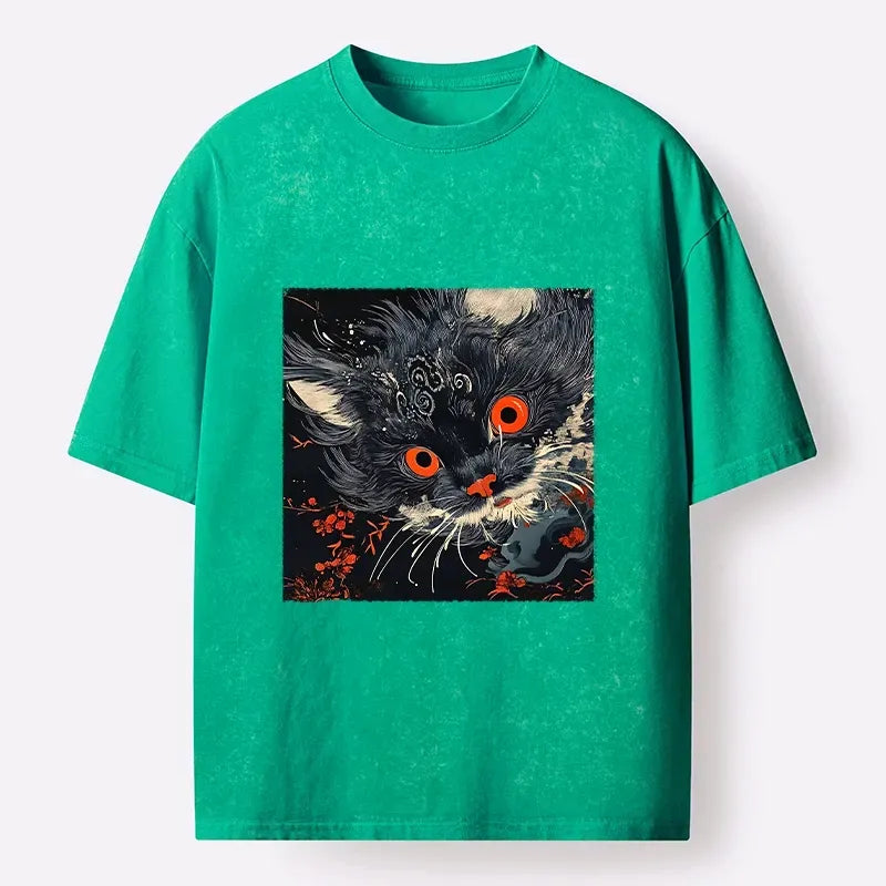 Kyoto-Lion Soft Fluffy Black Cat Vintage Oriental Print Washed T-Shirt
