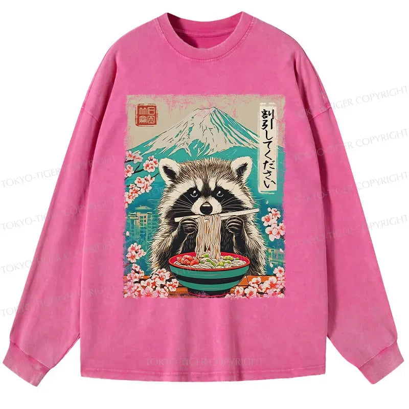 Kyoto-Lion Please Give Raccoon A Discount Washed Long Sleeve T-Shirt