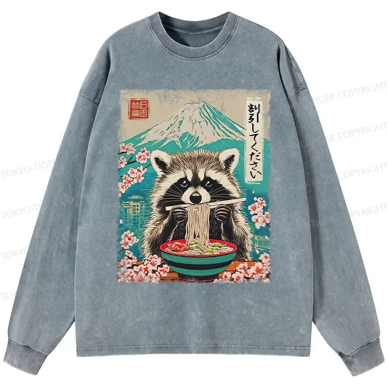 Kyoto-Lion Please Give Raccoon A Discount Washed Long Sleeve T-Shirt