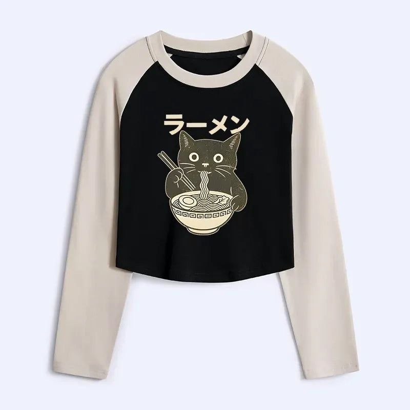 Black Cat Eating Ramen Raglan T-Shirt