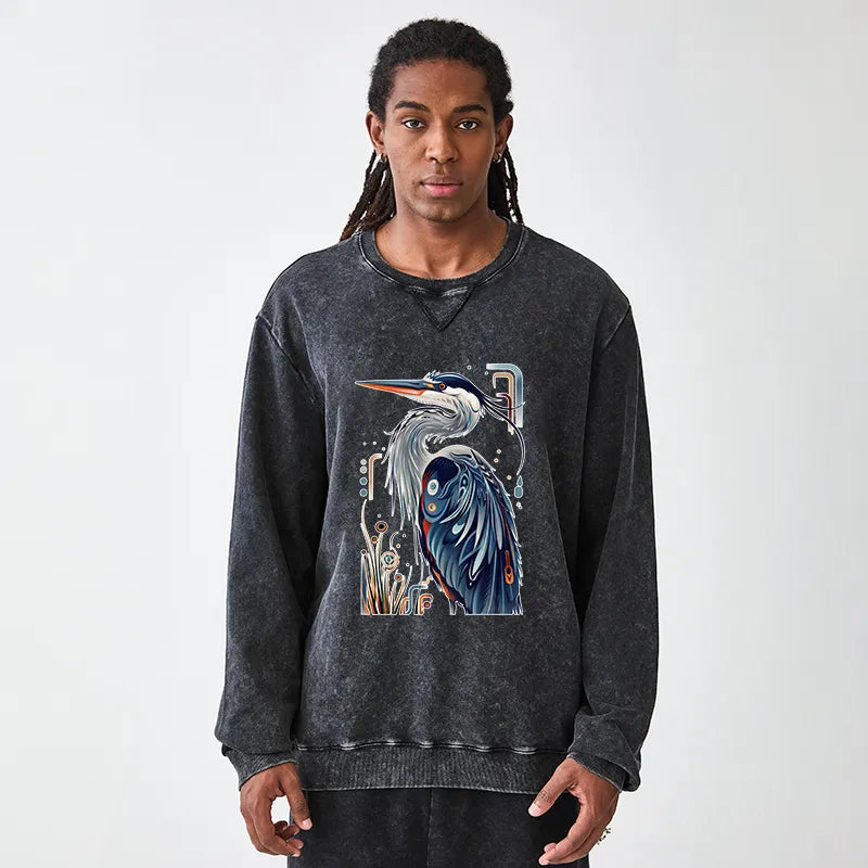 Kyoto-Lion Stylish Blue Heron Washed Terry Sweatshirt
