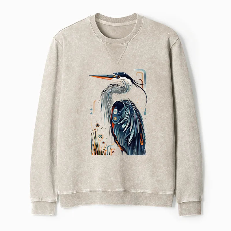 Kyoto-Lion Stylish Blue Heron Washed Terry Sweatshirt