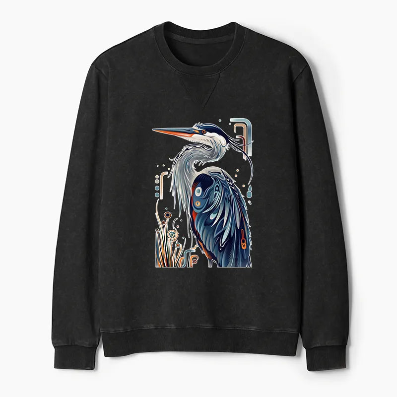 Kyoto-Lion Stylish Blue Heron Washed Terry Sweatshirt