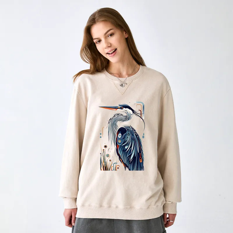 Kyoto-Lion Stylish Blue Heron Washed Terry Sweatshirt